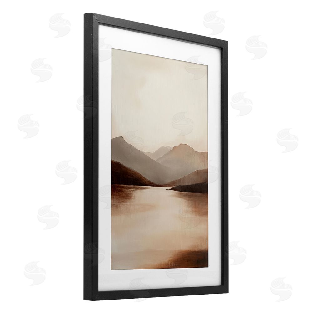 Petal Prints Design Calming Mountains Brown Landscape Black Framed Print Under Glass with White Mat Wall Art