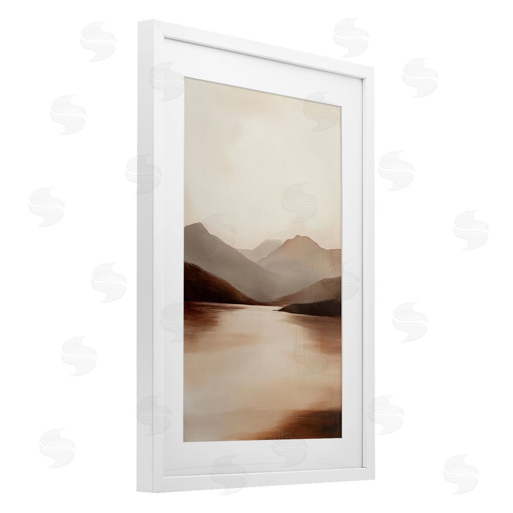 Petal Prints Design Calming Mountains Brown Landscape White Framed Print Under Glass with Mat Wall Art