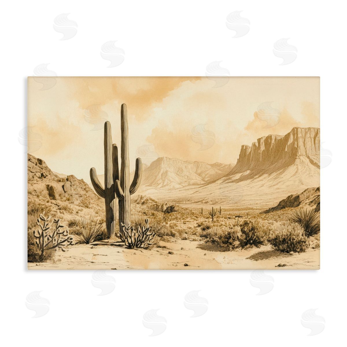 Petal Prints Design Desert Landscape Sepia Cacti Canvas Wall Art Print