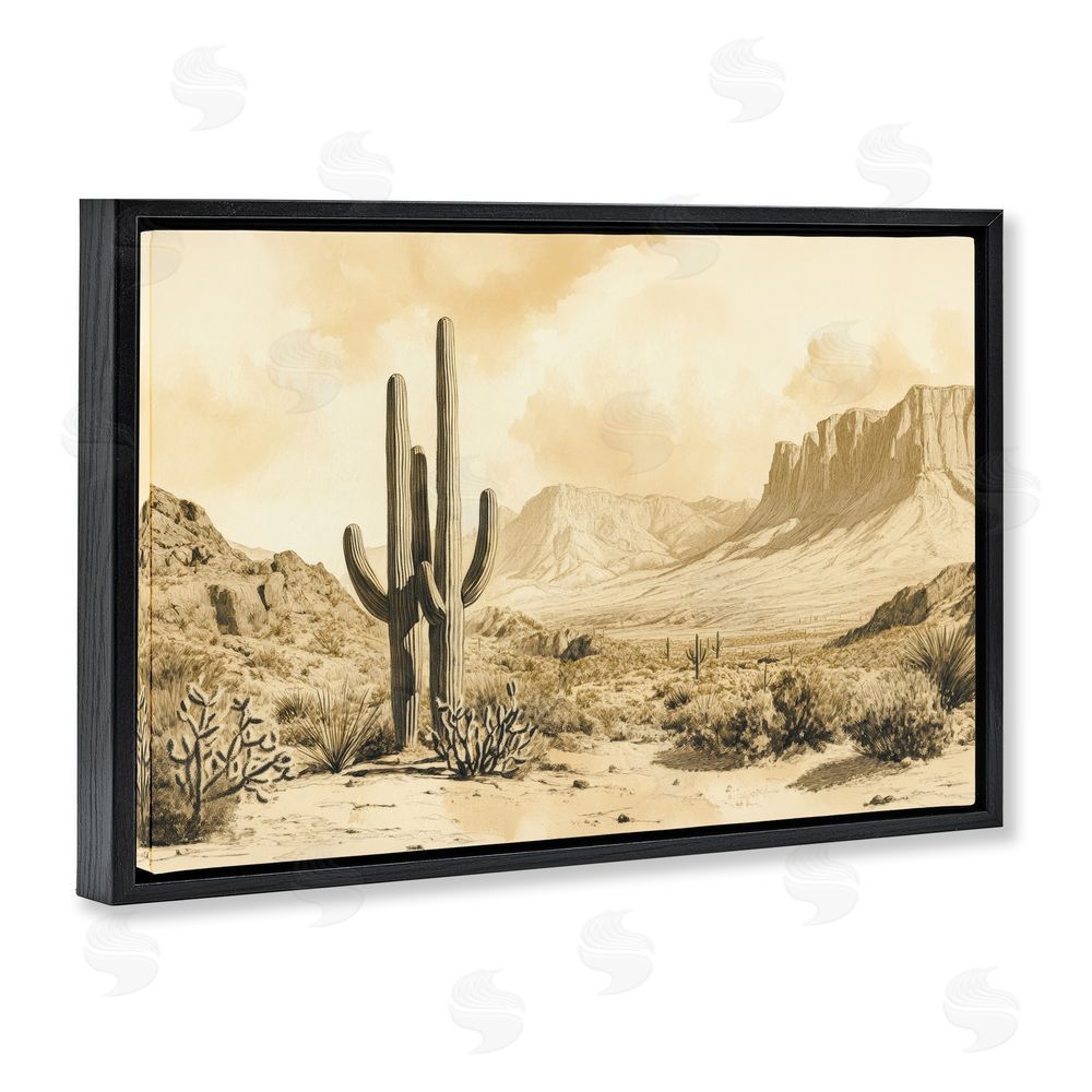 Petal Prints Design Desert Landscape Sepia Cacti Black Floating Frame Canvas Wall Art Print