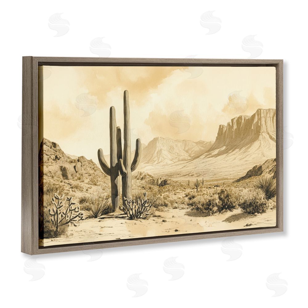 Petal Prints Design Desert Landscape Sepia Cacti Brown Floating Frame Canvas Wall Art Print