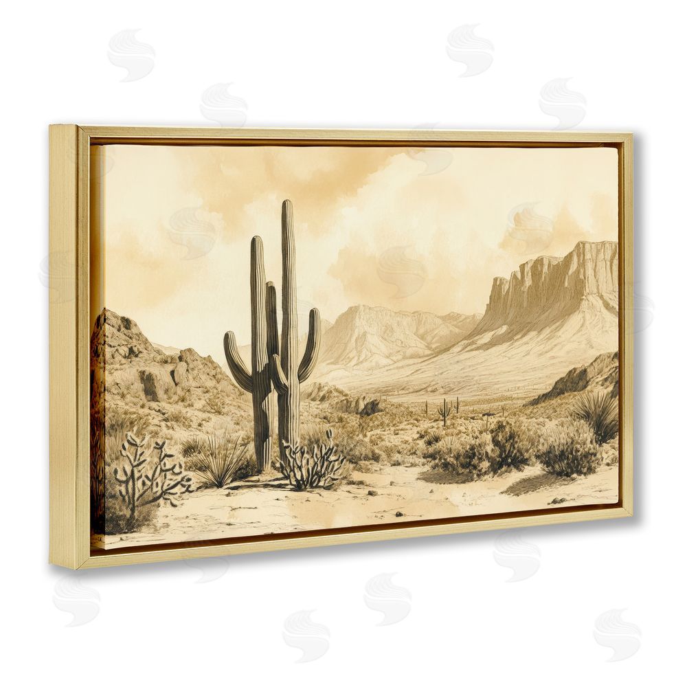 Petal Prints Design Desert Landscape Sepia Cacti Gold Floating Frame Canvas Wall Art Print
