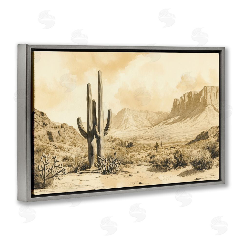 Petal Prints Design Desert Landscape Sepia Cacti Gray Floating Frame Canvas Wall Art Print