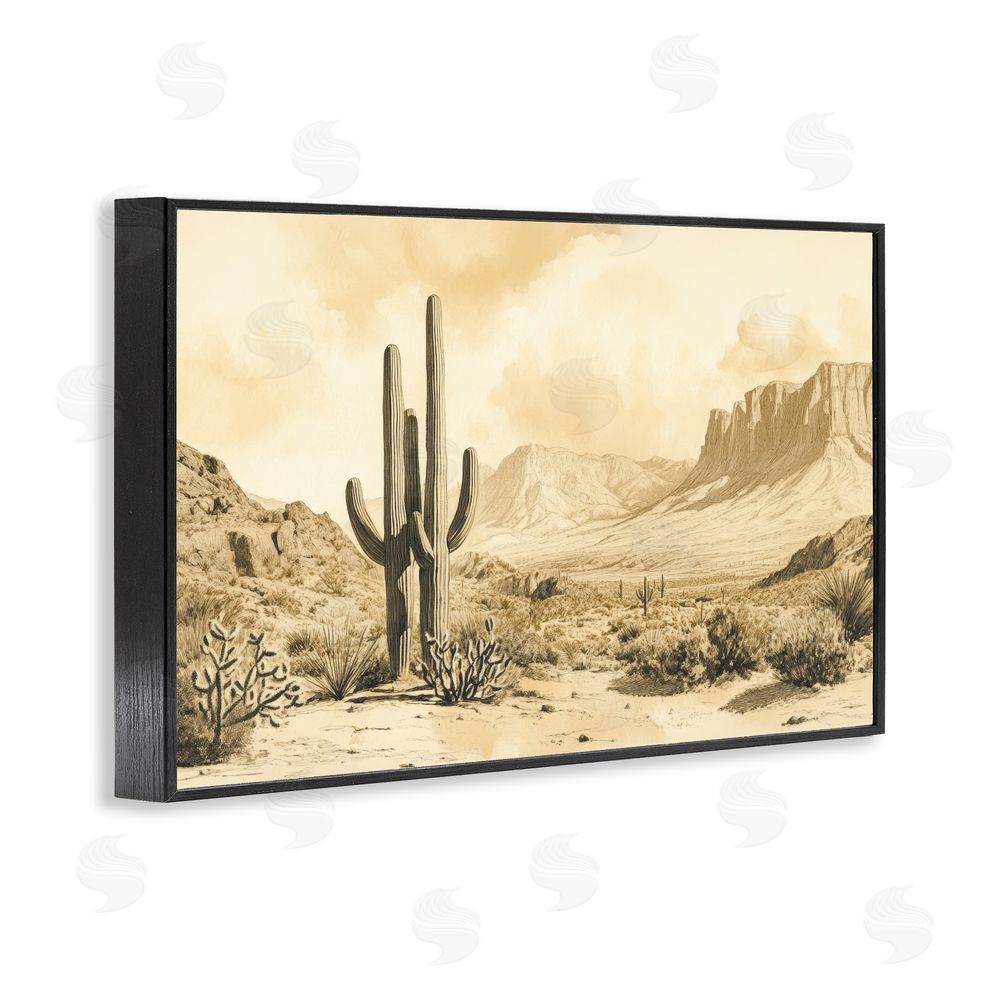 Petal Prints Design Desert Landscape Sepia Cacti Black Framed Giclee Wall Art Print