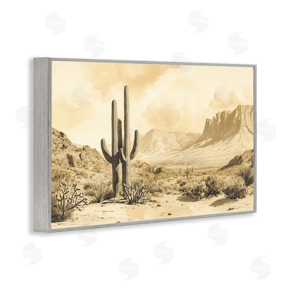 Petal Prints Design Desert Landscape Sepia Cacti Gray Framed Giclee Wall Art Print