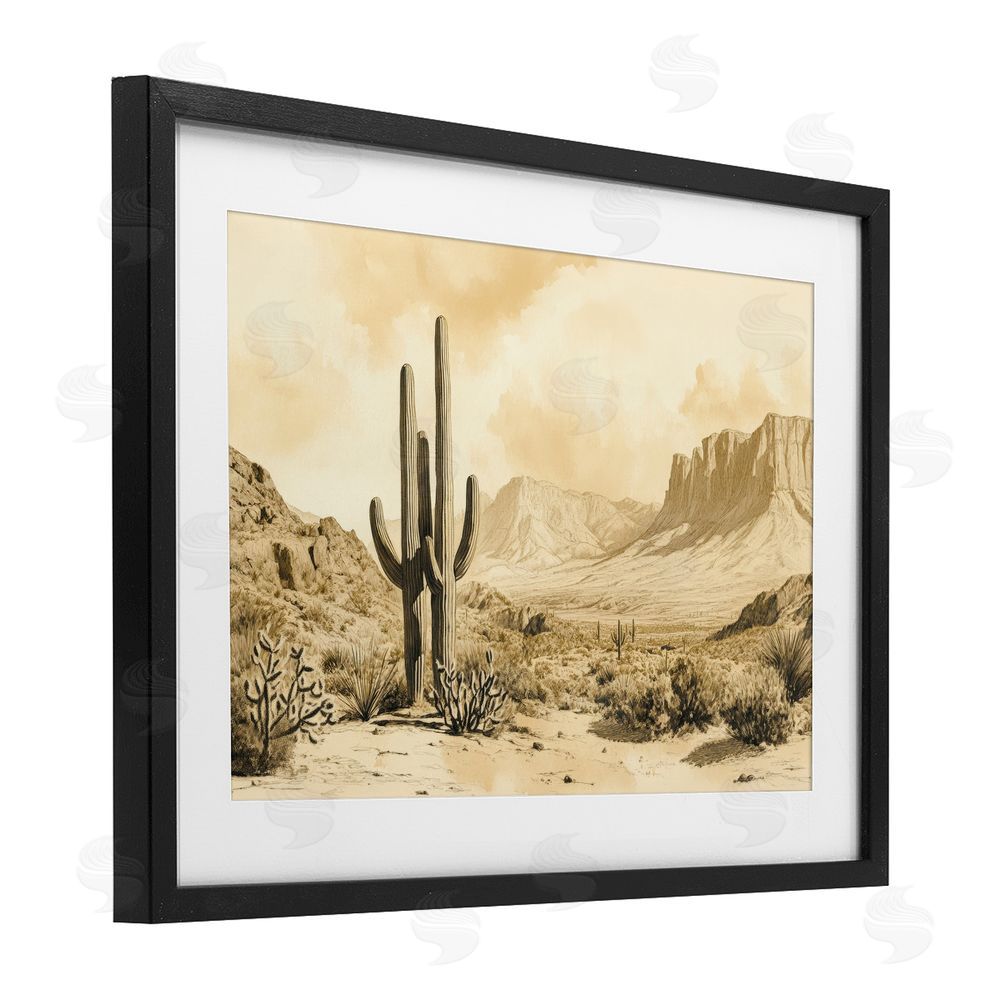 Petal Prints Design Desert Landscape Sepia Cacti Black Framed Print Under Glass with White Mat Wall Art