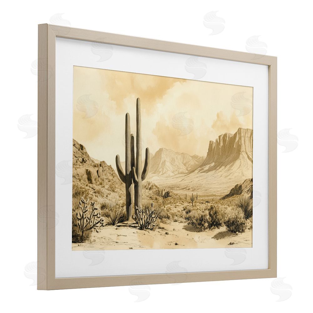 Petal Prints Design Desert Landscape Sepia Cacti Birch Framed Print Under Glass with White Mat Wall Art