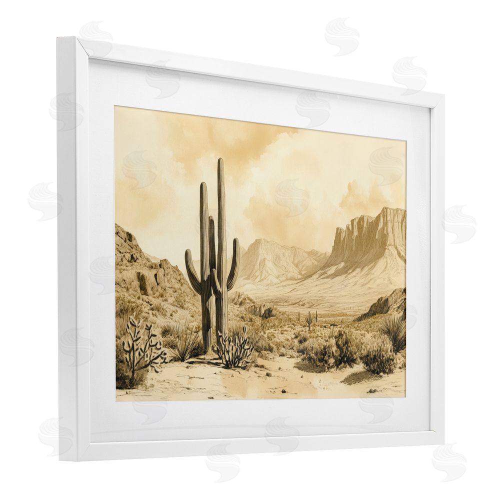 Petal Prints Design Desert Landscape Sepia Cacti White Framed Print Under Glass with Mat Wall Art