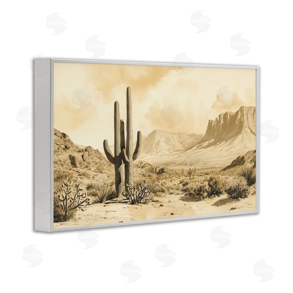 Petal Prints Design Desert Landscape Sepia Cacti White Framed Giclee Wall Art Print