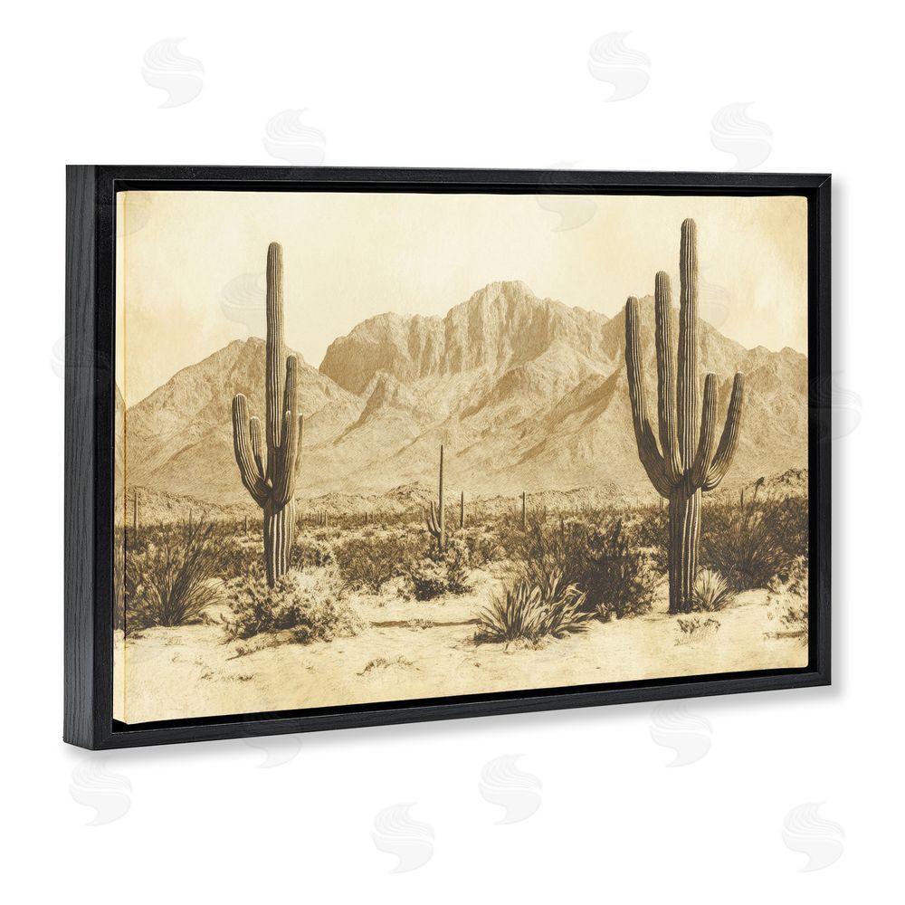 Petal Prints Design Desert Landscape Vintage Sepia Black Floating Frame Canvas Wall Art Print
