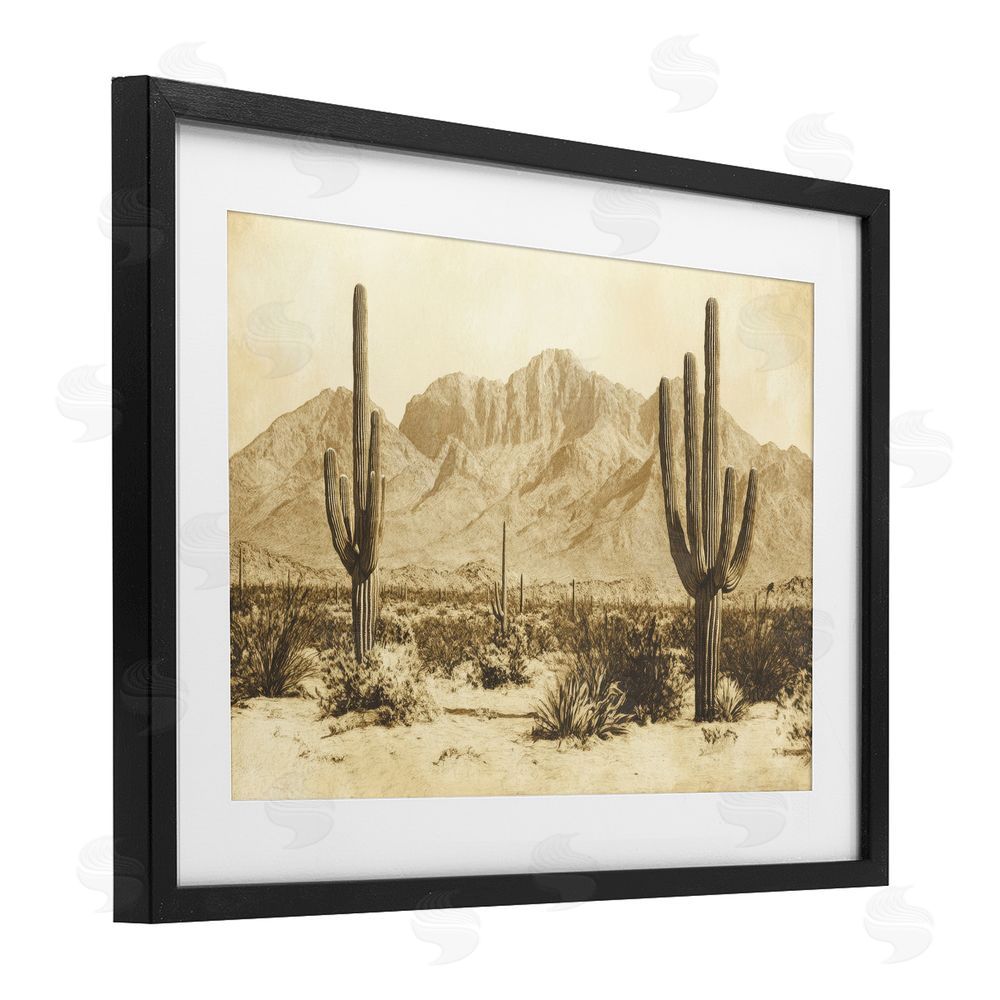 Petal Prints Design Desert Landscape Vintage Sepia Black Framed Print Under Glass with White Mat Wall Art
