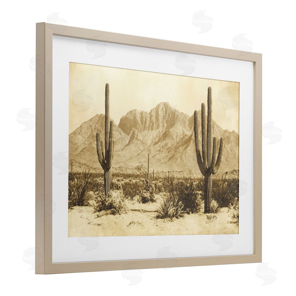 Petal Prints Design Desert Landscape Vintage Sepia Birch Framed Print Under Glass with White Mat Wall Art