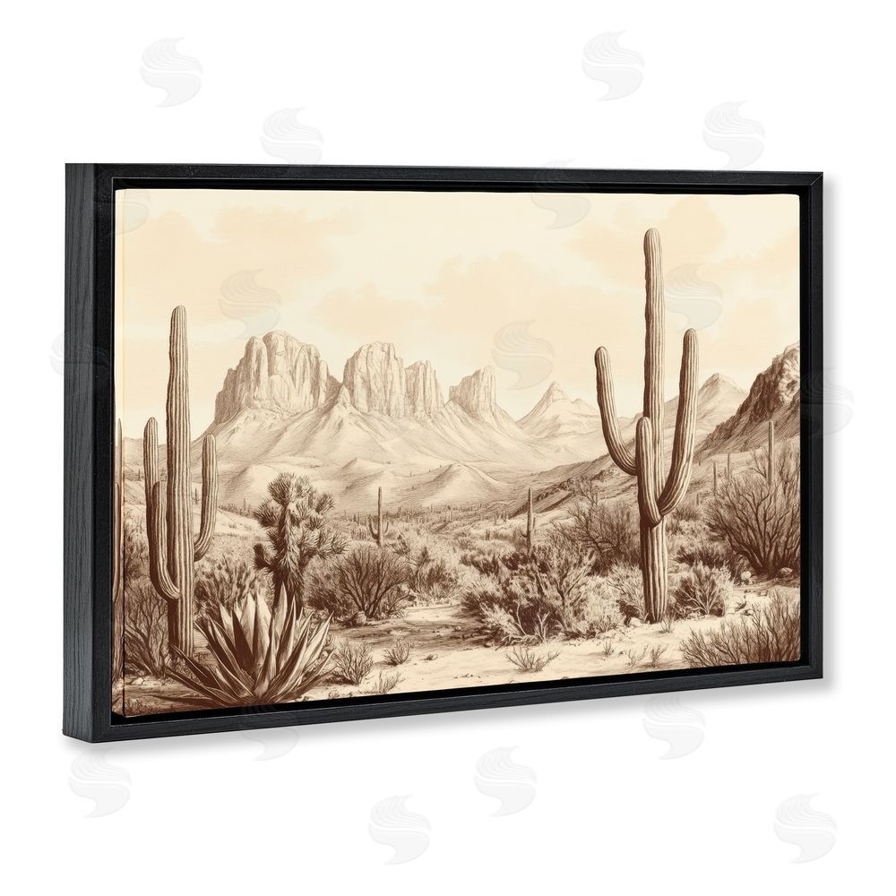 Petal Prints Design Desert Landscape Vintage Cacti Black Floating Frame Canvas Wall Art Print