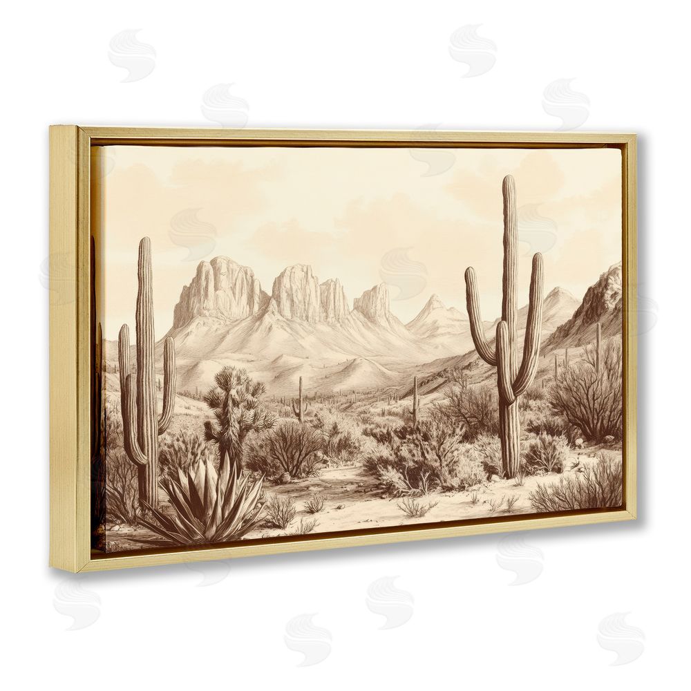 Petal Prints Design Desert Landscape Vintage Cacti Gold Floating Frame Canvas Wall Art Print