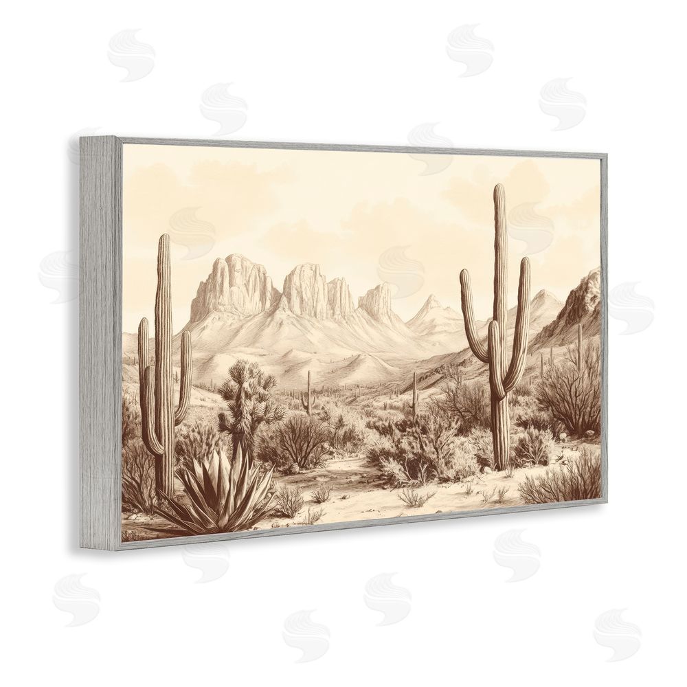 Petal Prints Design Desert Landscape Vintage Cacti Gray Framed Giclee Wall Art Print