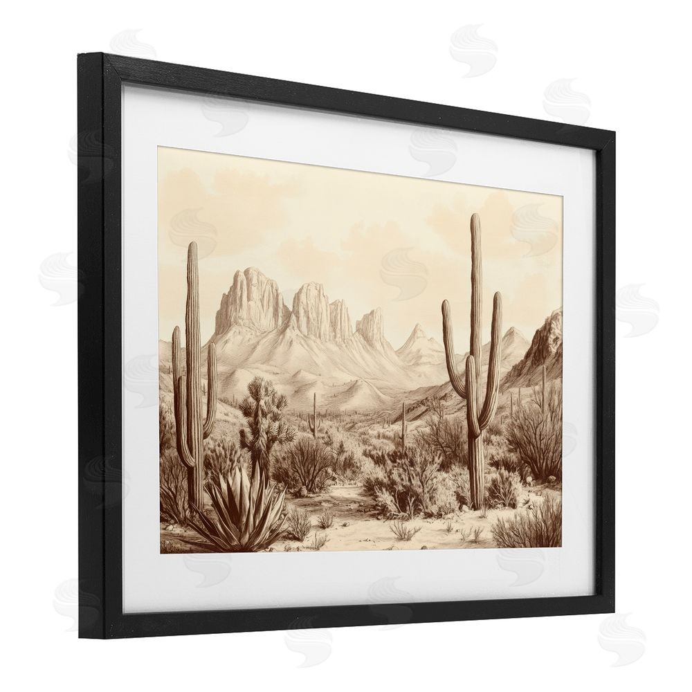 Petal Prints Design Desert Landscape Vintage Cacti Black Framed Print Under Glass with White Mat Wall Art