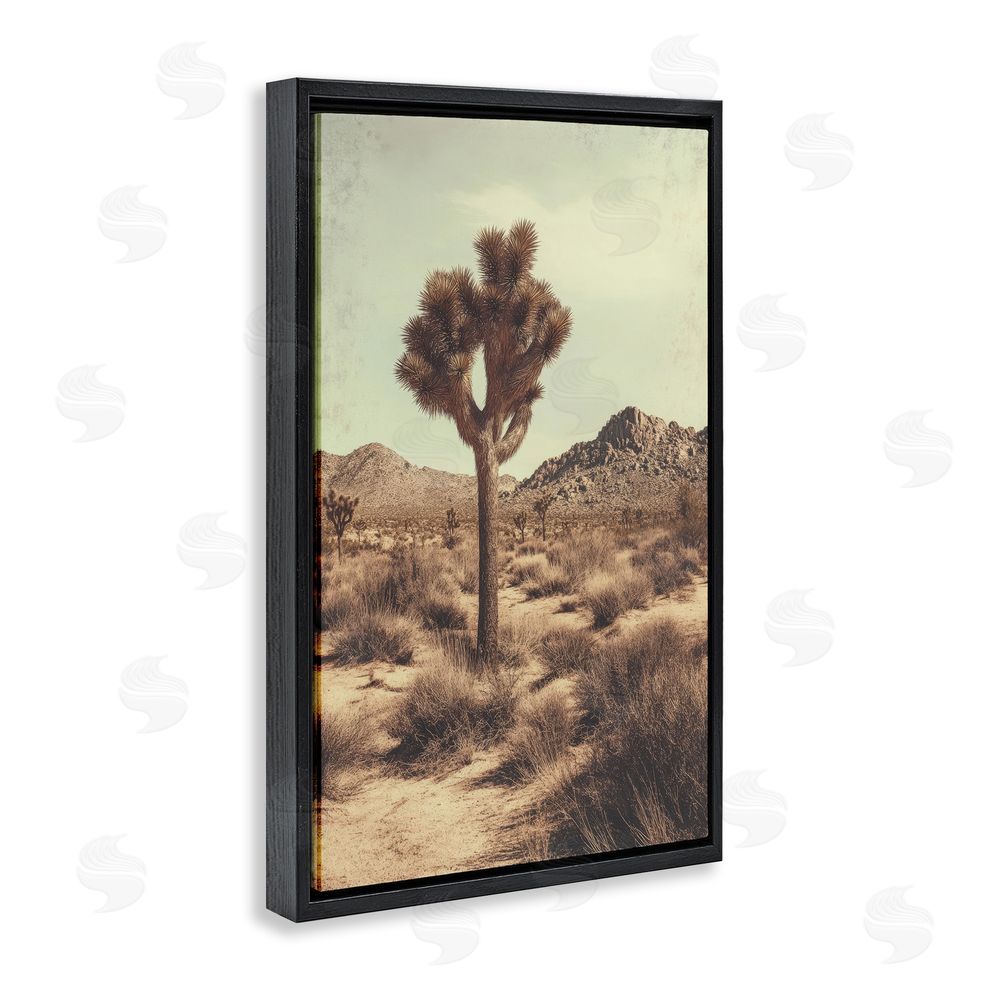 Petal Prints Design Lone Tree in Desert Black Floating Frame Canvas Wall Art Print