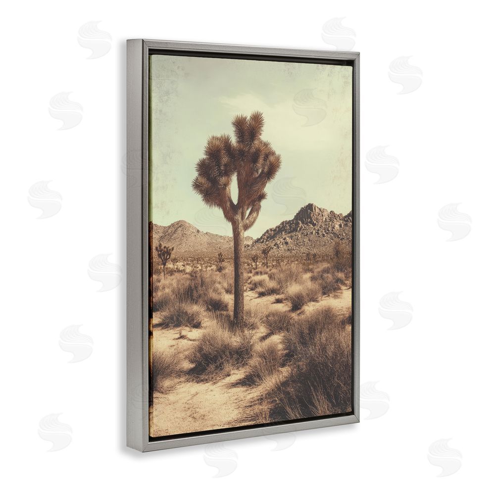 Petal Prints Design Lone Tree in Desert Gray Floating Frame Canvas Wall Art Print