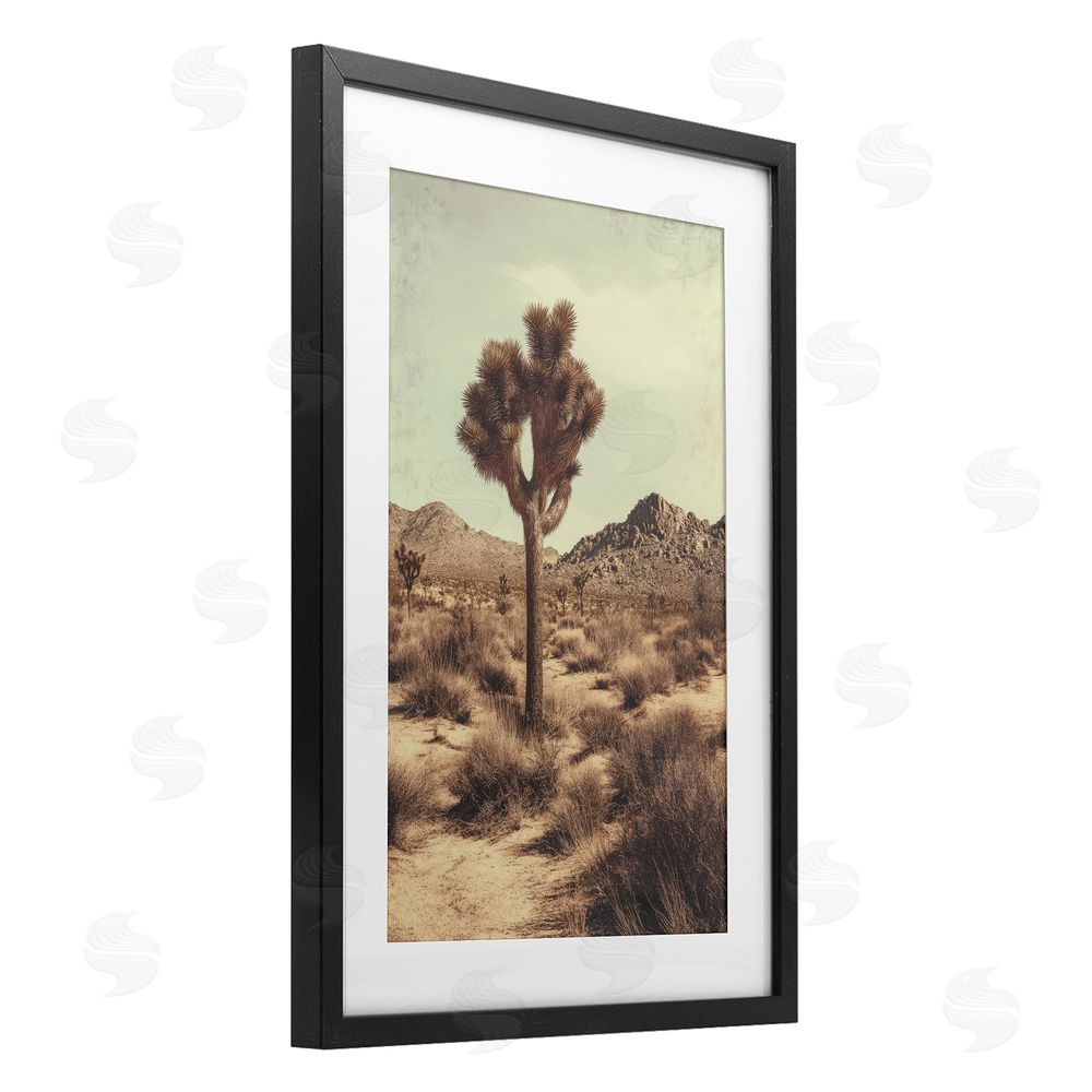 Petal Prints Design Lone Tree in Desert Black Framed Print Under Glass with White Mat Wall Art