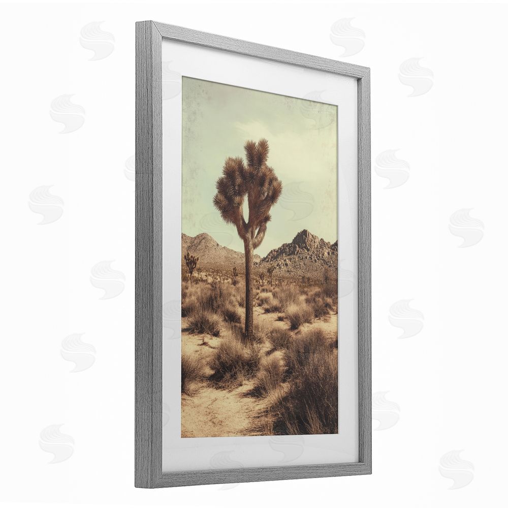 Petal Prints Design Lone Tree in Desert Gray Framed Print Under Glass with White Mat Wall Art