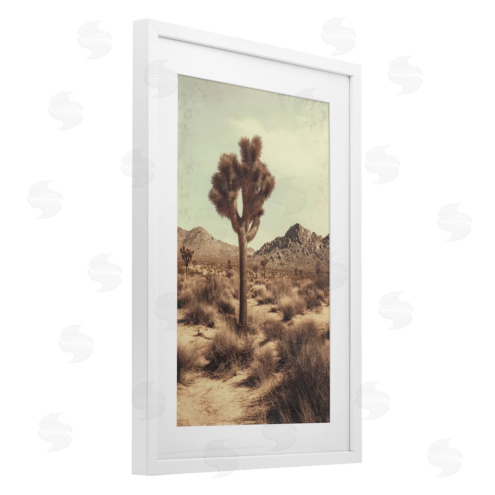 Petal Prints Design Lone Tree in Desert White Framed Print Under Glass with Mat Wall Art