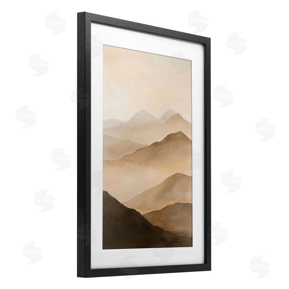 Petal Prints Design Moody Mountains Foggy Landscape Black Framed Print Under Glass with White Mat Wall Art