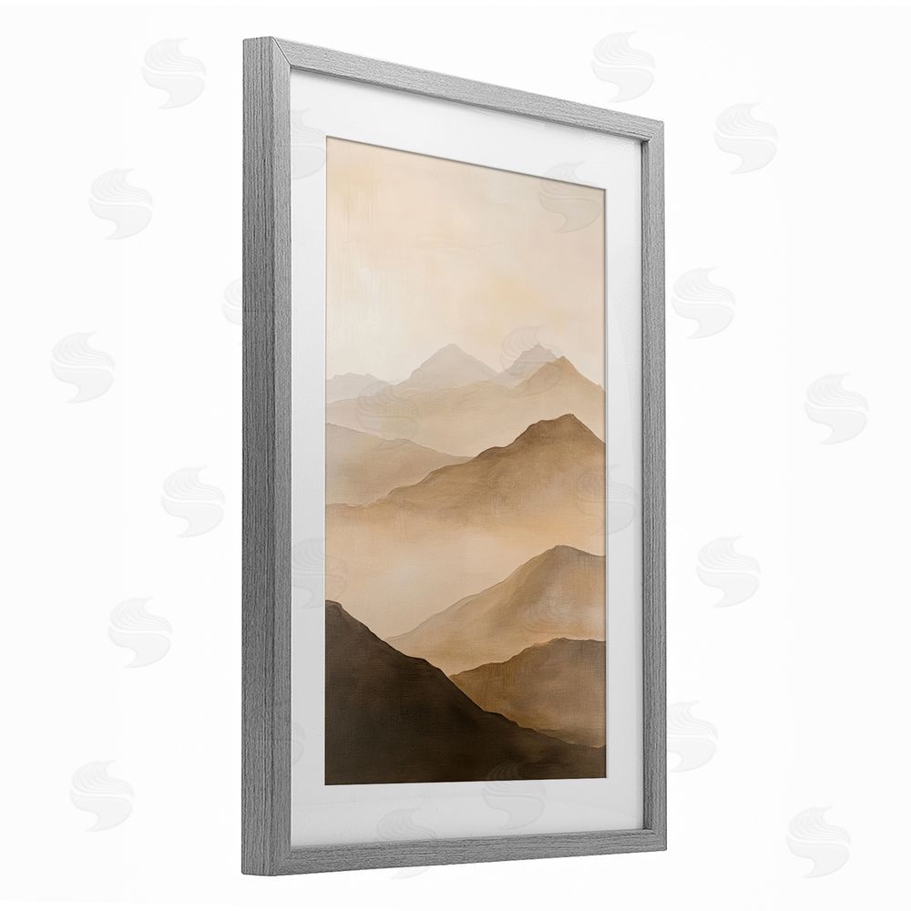 Petal Prints Design Moody Mountains Foggy Landscape Gray Framed Print Under Glass with White Mat Wall Art