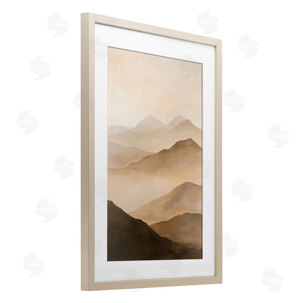 Petal Prints Design Moody Mountains Foggy Landscape Birch Framed Print Under Glass with White Mat Wall Art
