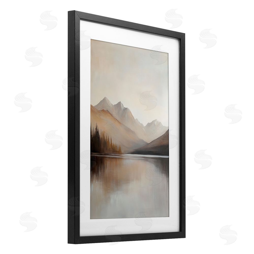 Petal Prints Design Muted Lake Neutral Landscape Black Framed Print Under Glass with White Mat Wall Art