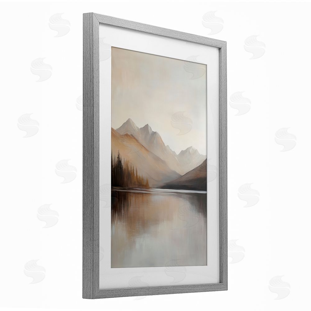 Petal Prints Design Muted Lake Neutral Landscape Gray Framed Print Under Glass with White Mat Wall Art