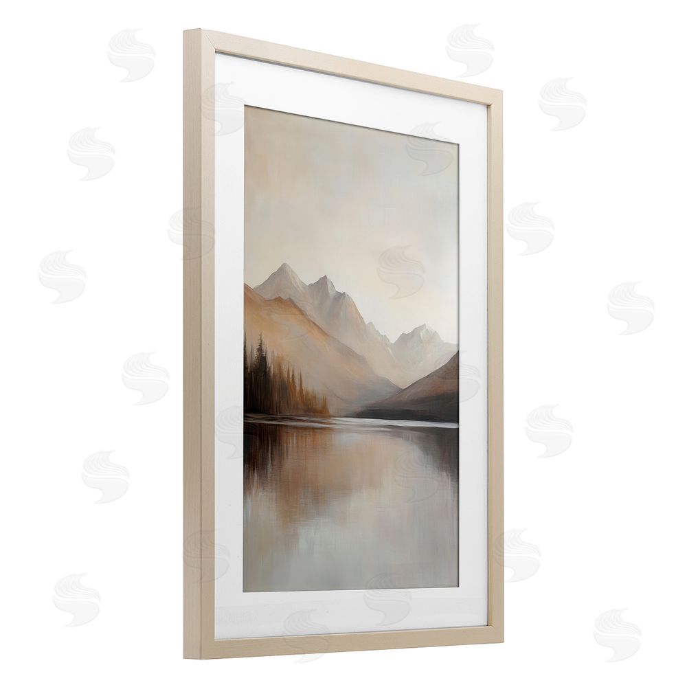 Petal Prints Design Muted Lake Neutral Landscape Birch Framed Print Under Glass with White Mat Wall Art