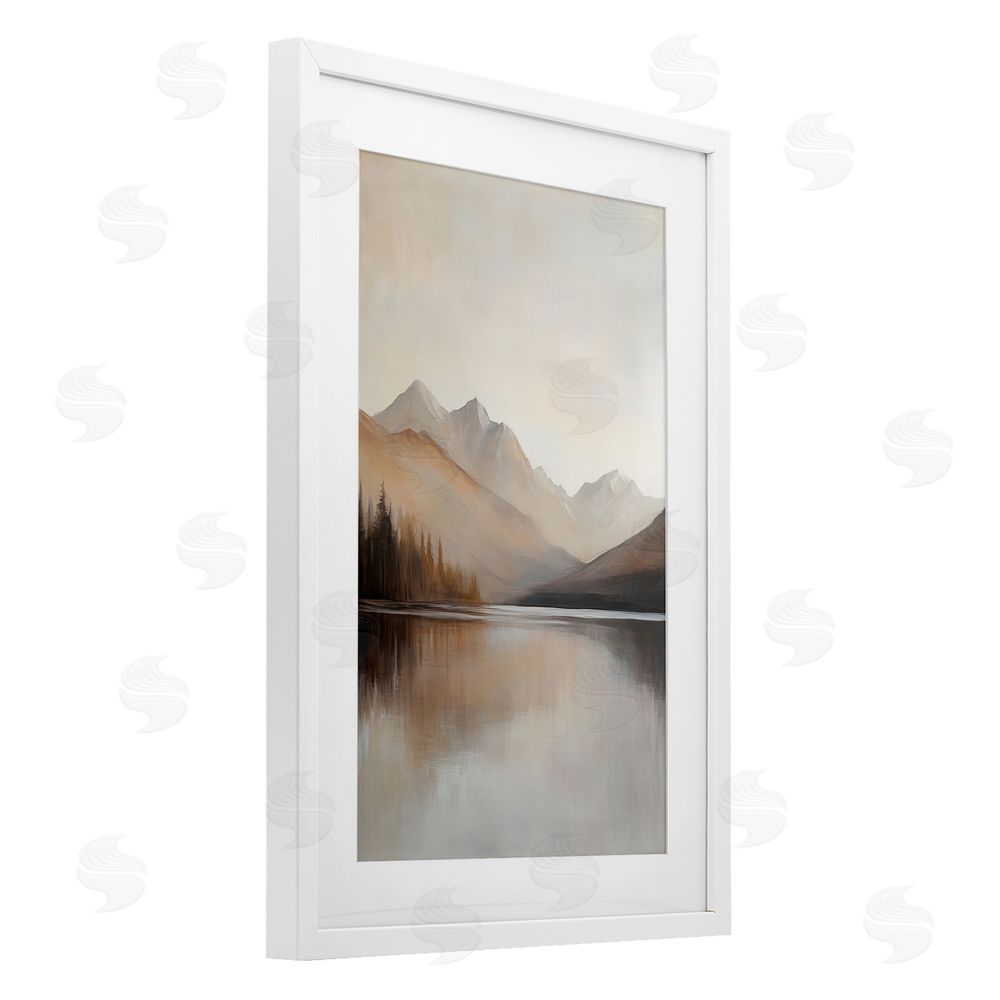 Petal Prints Design Muted Lake Neutral Landscape White Framed Print Under Glass with Mat Wall Art