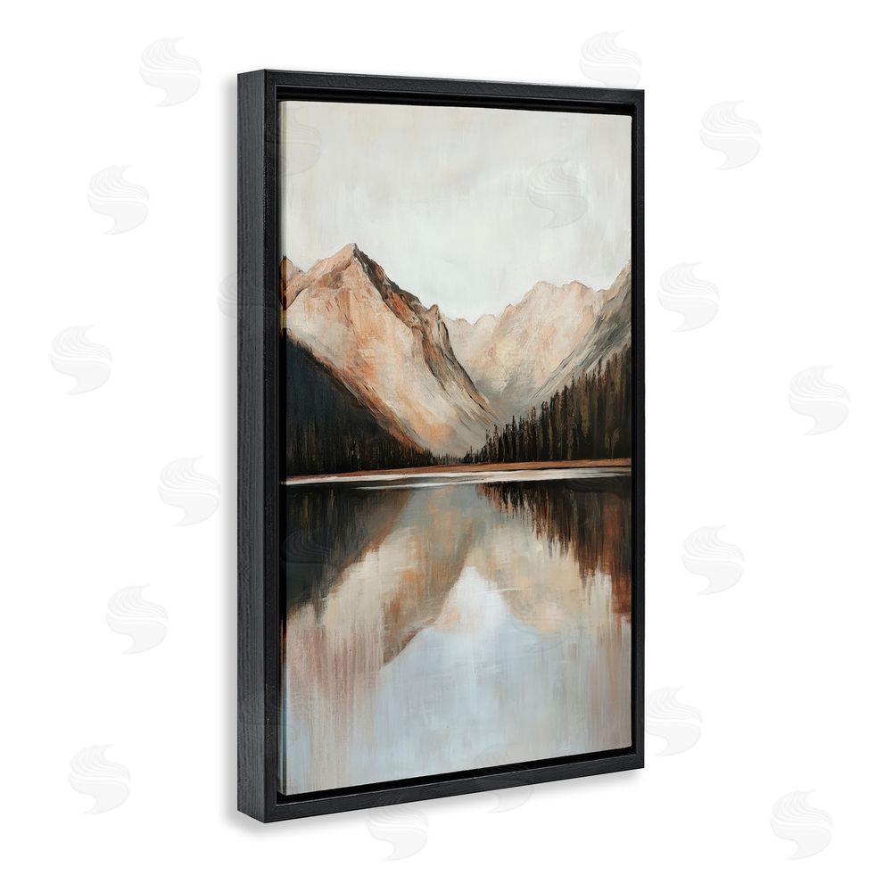 Petal Prints Design Rustic Mountain Reflecting Lake Black Floating Frame Canvas Wall Art Print