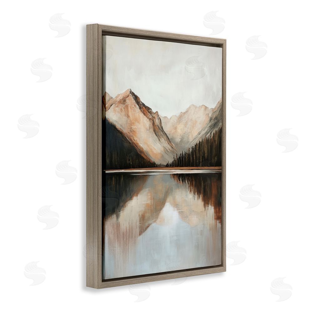 Petal Prints Design Rustic Mountain Reflecting Lake Brown Floating Frame Canvas Wall Art Print