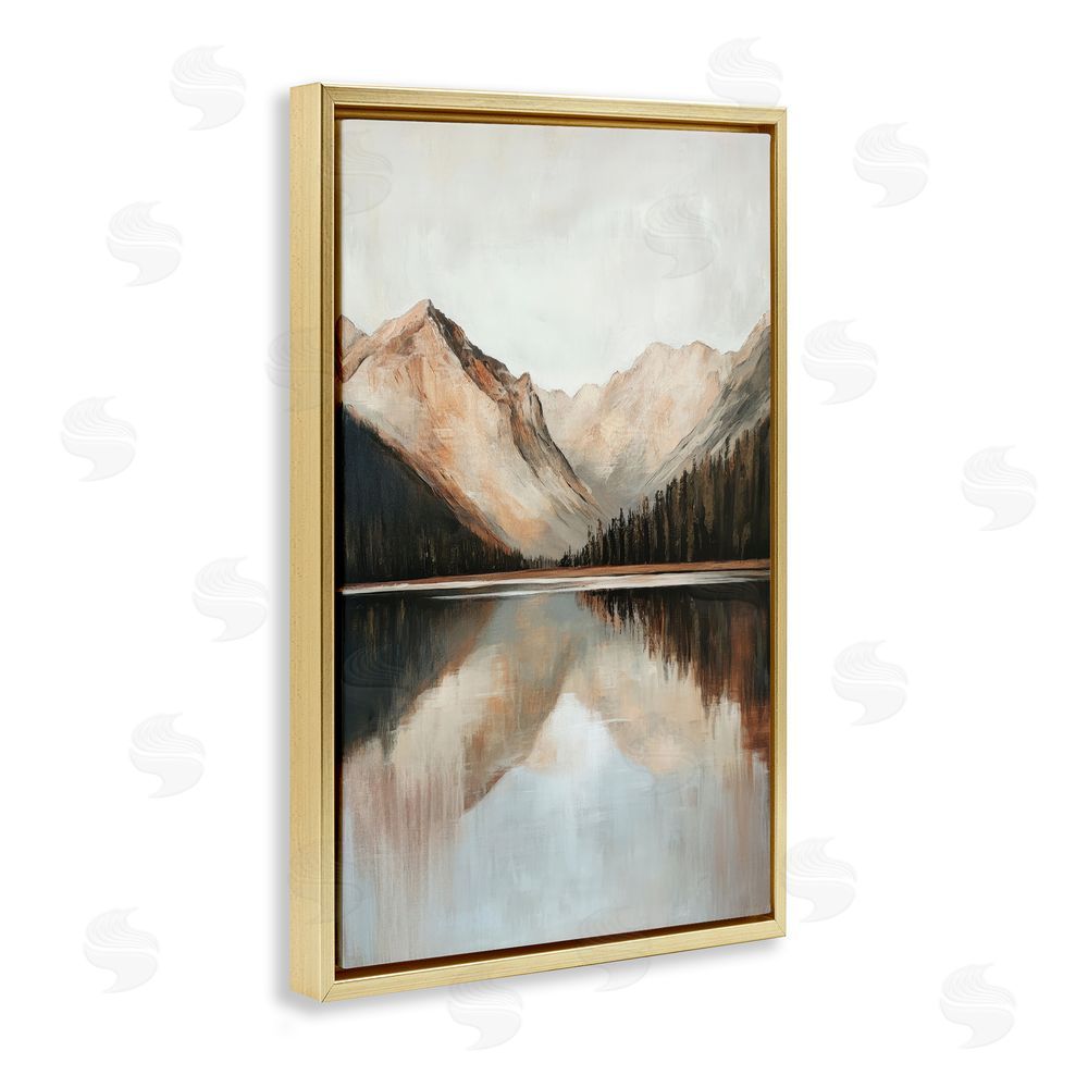 Petal Prints Design Rustic Mountain Reflecting Lake Gold Floating Frame Canvas Wall Art Print