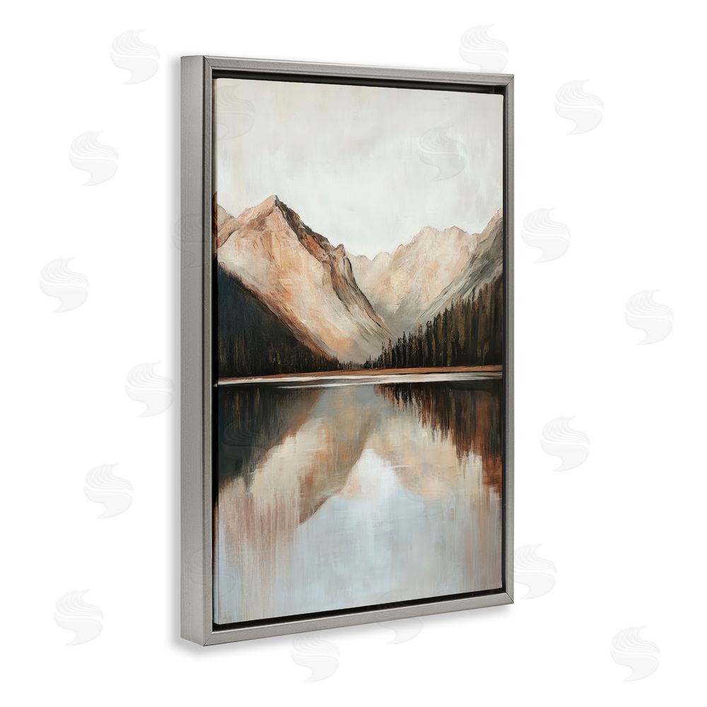 Petal Prints Design Rustic Mountain Reflecting Lake Gray Floating Frame Canvas Wall Art Print