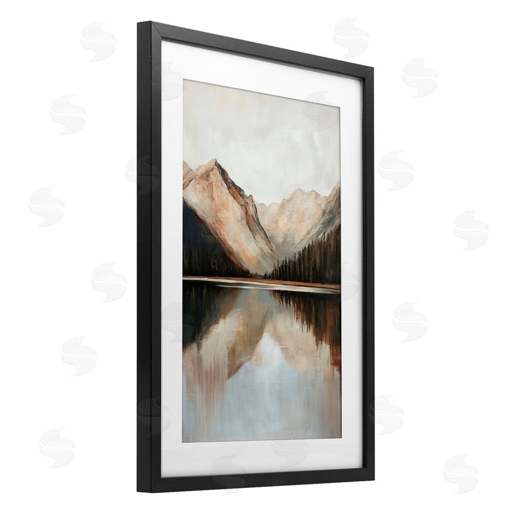 Petal Prints Design Rustic Mountain Reflecting Lake Black Framed Print Under Glass with White Mat Wall Art