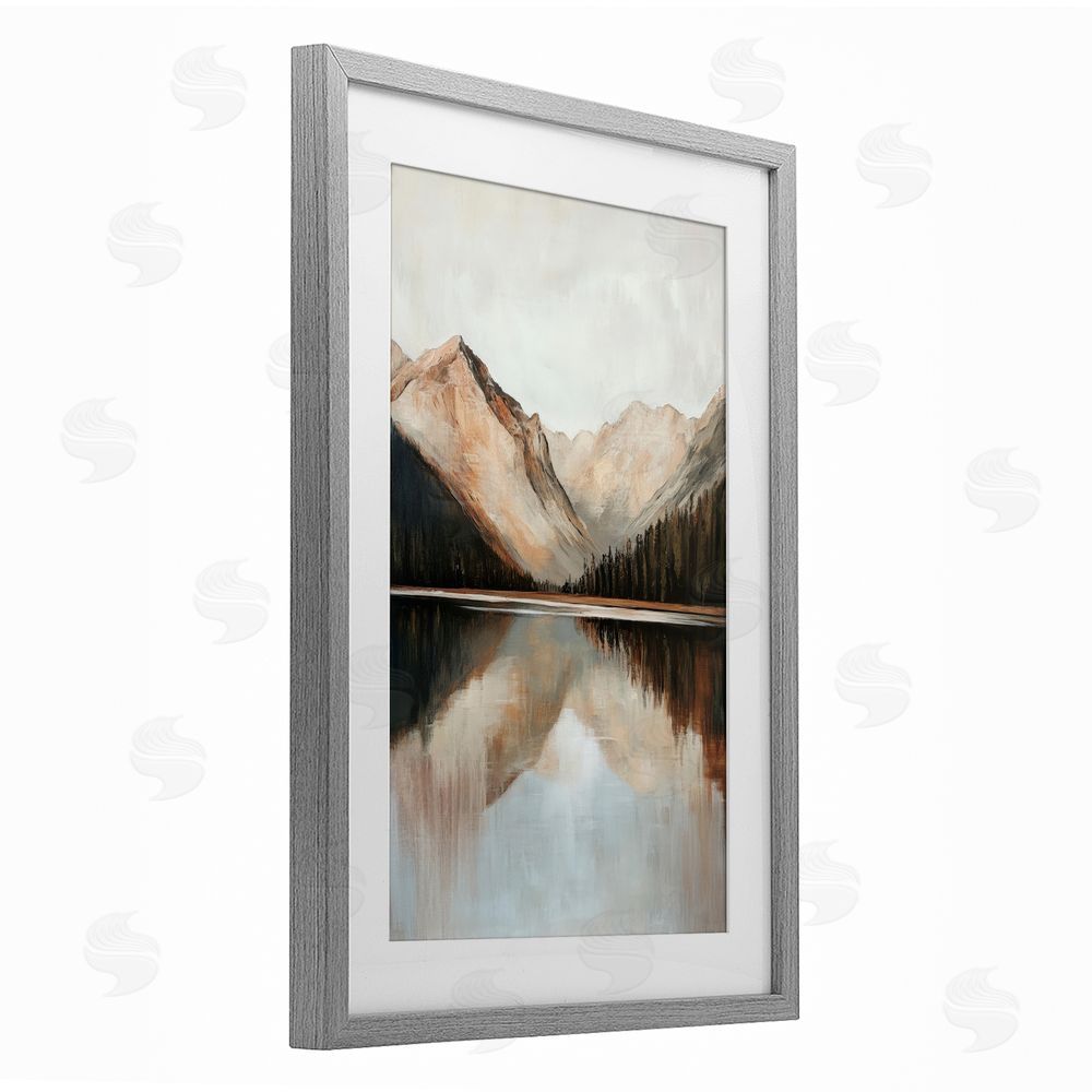 Petal Prints Design Rustic Mountain Reflecting Lake Gray Framed Print Under Glass with White Mat Wall Art