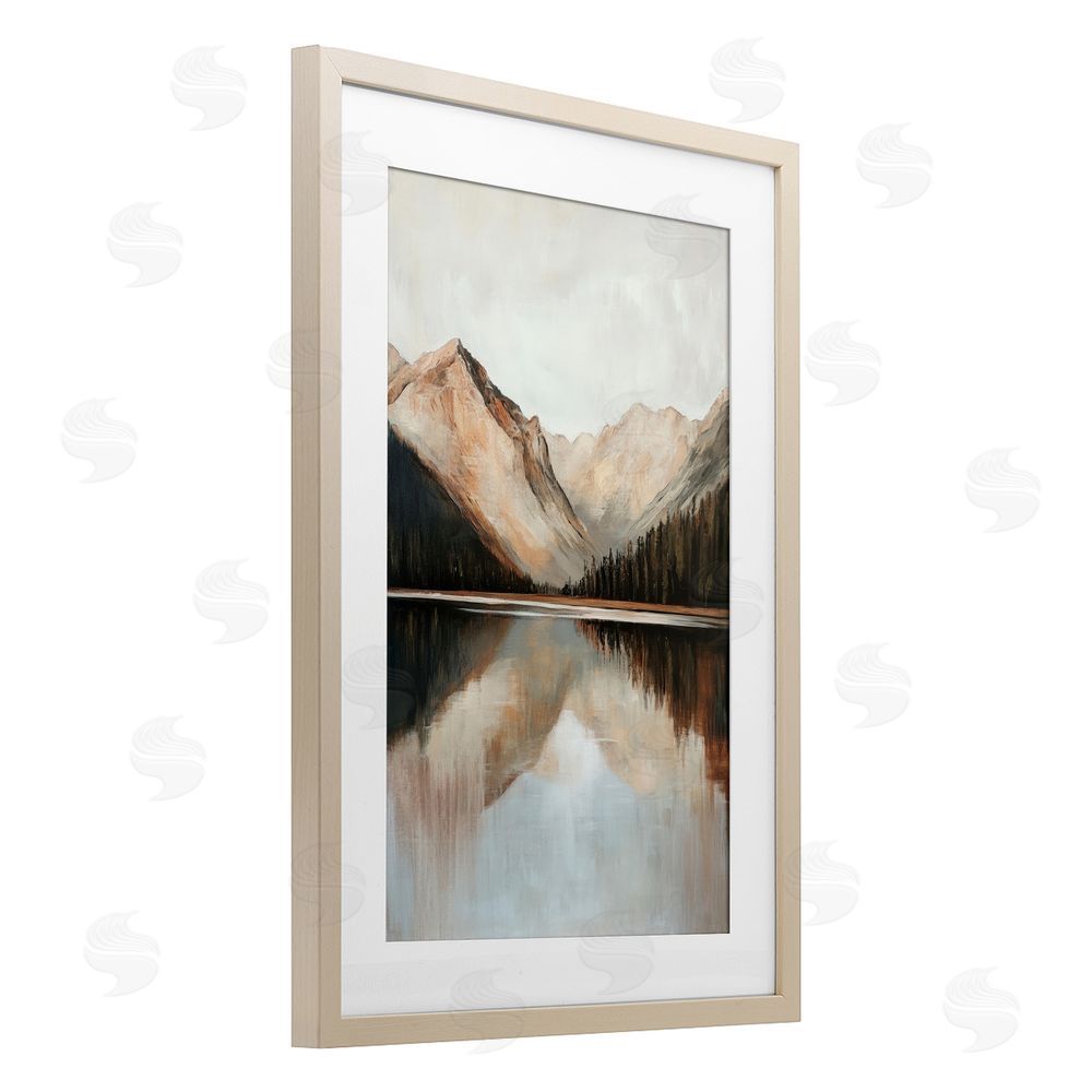 Petal Prints Design Rustic Mountain Reflecting Lake Birch Framed Print Under Glass with White Mat Wall Art