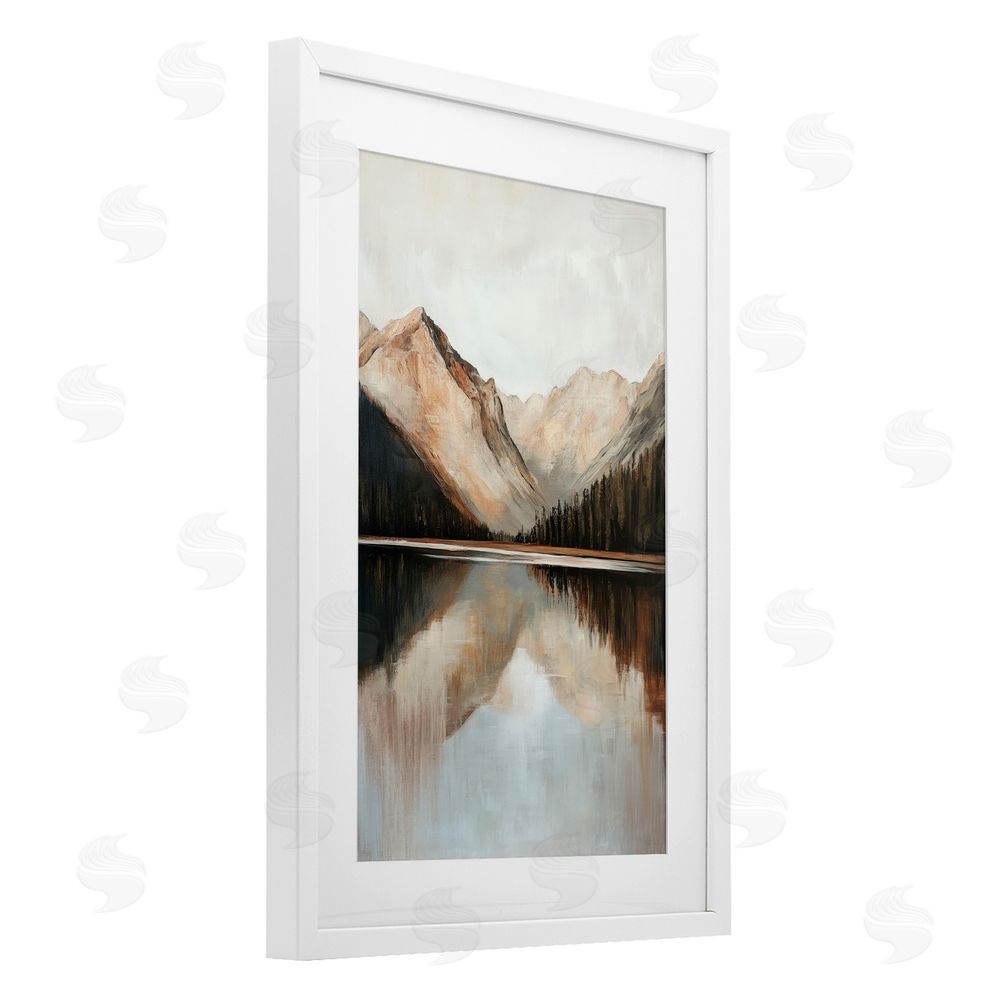 Petal Prints Design Rustic Mountain Reflecting Lake White Framed Print Under Glass with Mat Wall Art