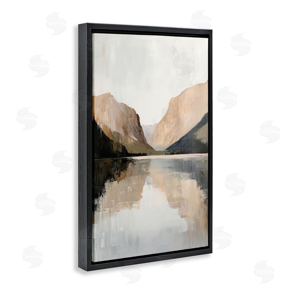 Petal Prints Design Mountains Reflecting Rustic Lake Black Floating Frame Canvas Wall Art Print