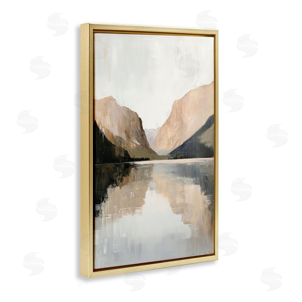 Petal Prints Design Mountains Reflecting Rustic Lake Gold Floating Frame Canvas Wall Art Print