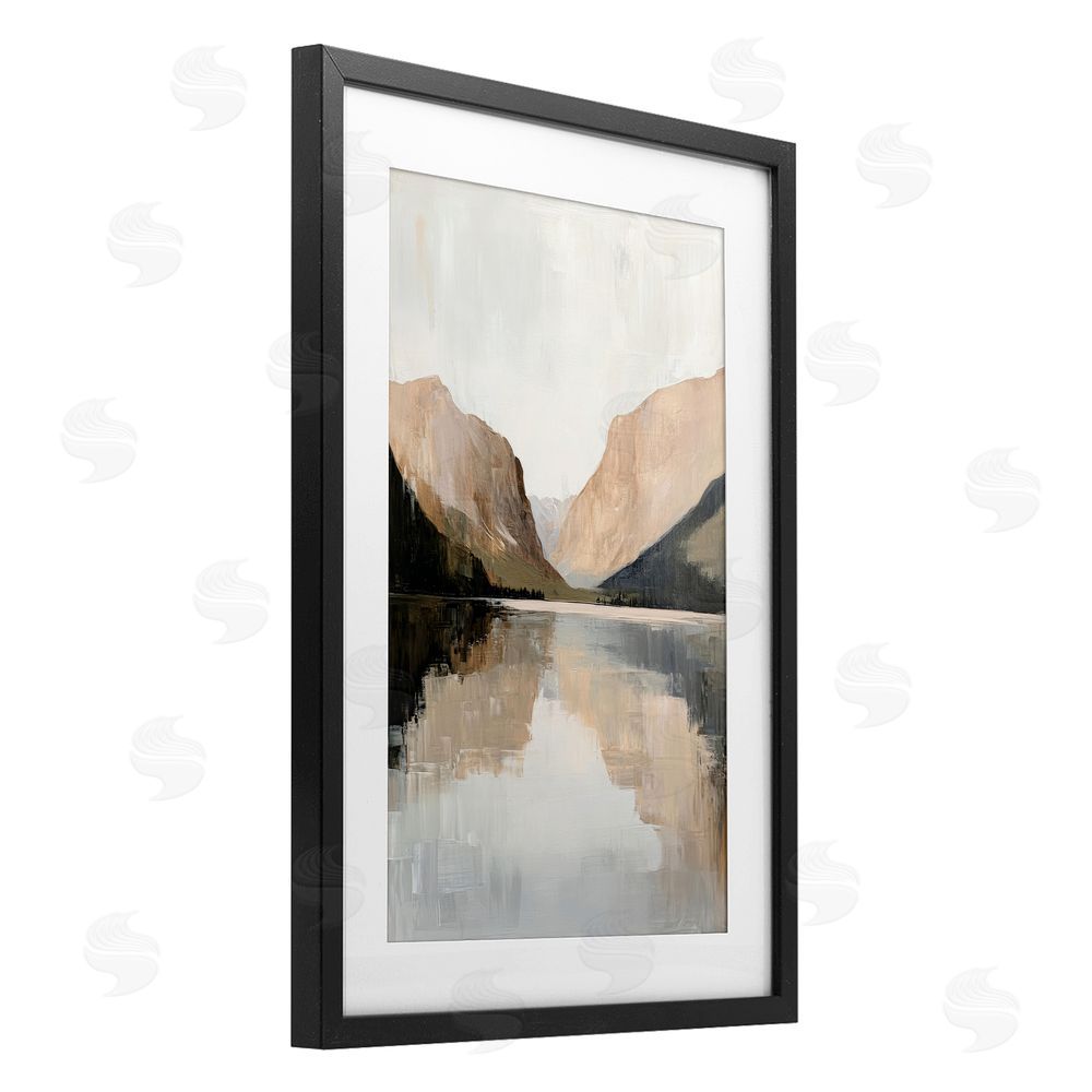 Petal Prints Design Mountains Reflecting Rustic Lake Black Framed Print Under Glass with White Mat Wall Art