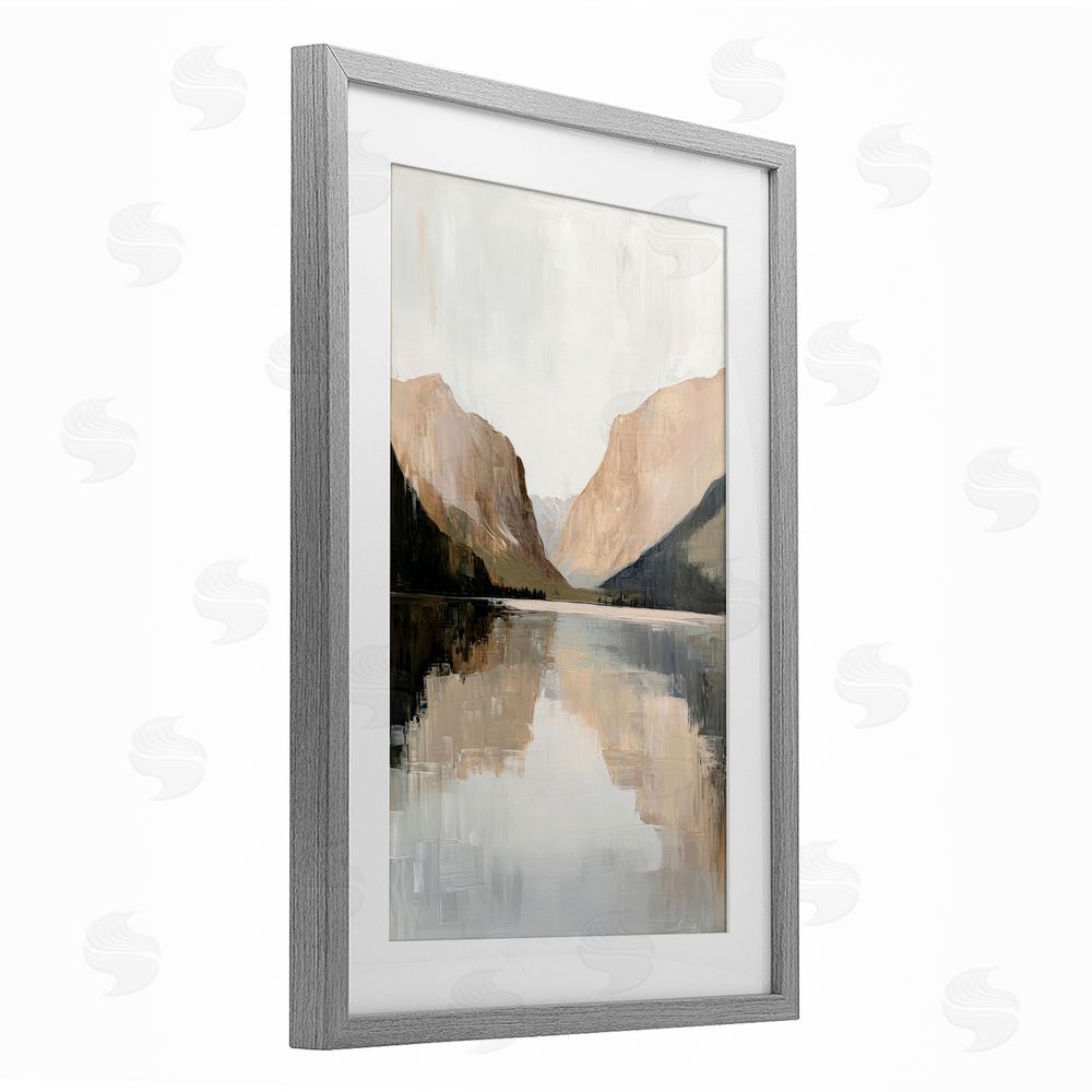Petal Prints Design Mountains Reflecting Rustic Lake Gray Framed Print Under Glass with White Mat Wall Art