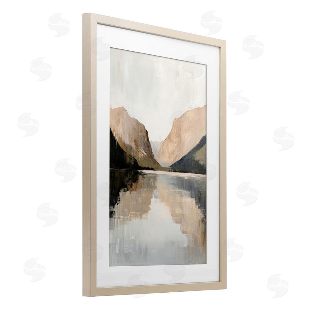 Petal Prints Design Mountains Reflecting Rustic Lake Birch Framed Print Under Glass with White Mat Wall Art