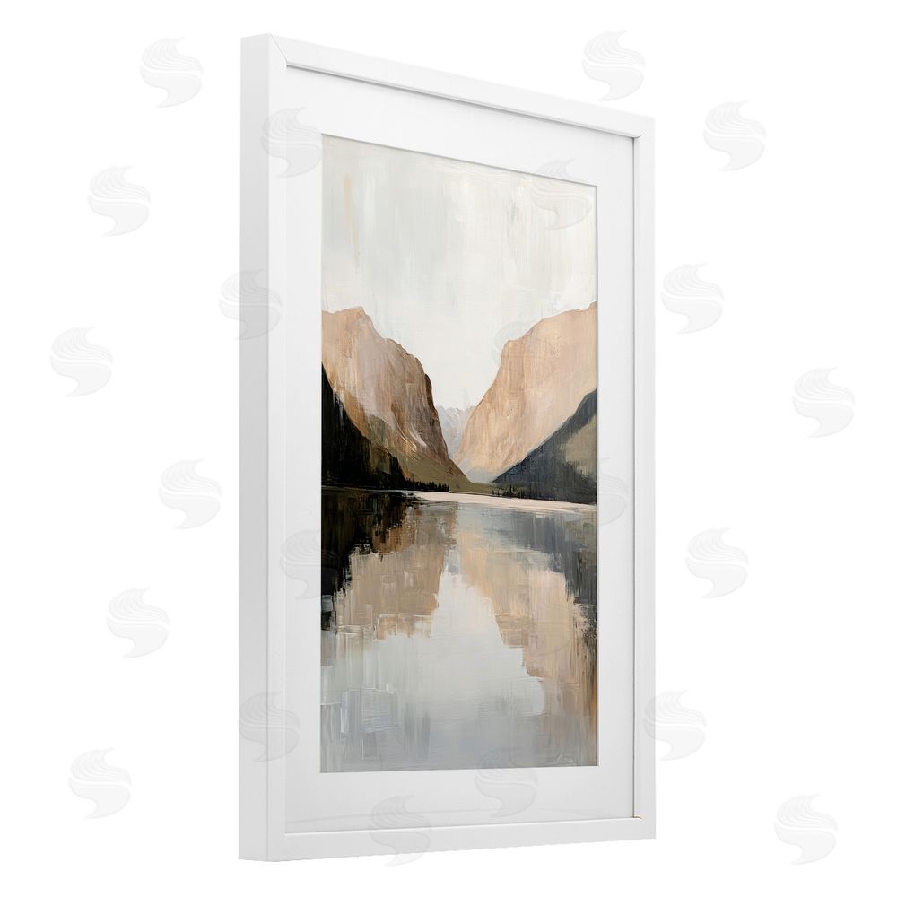 Petal Prints Design Mountains Reflecting Rustic Lake White Framed Print Under Glass with Mat Wall Art