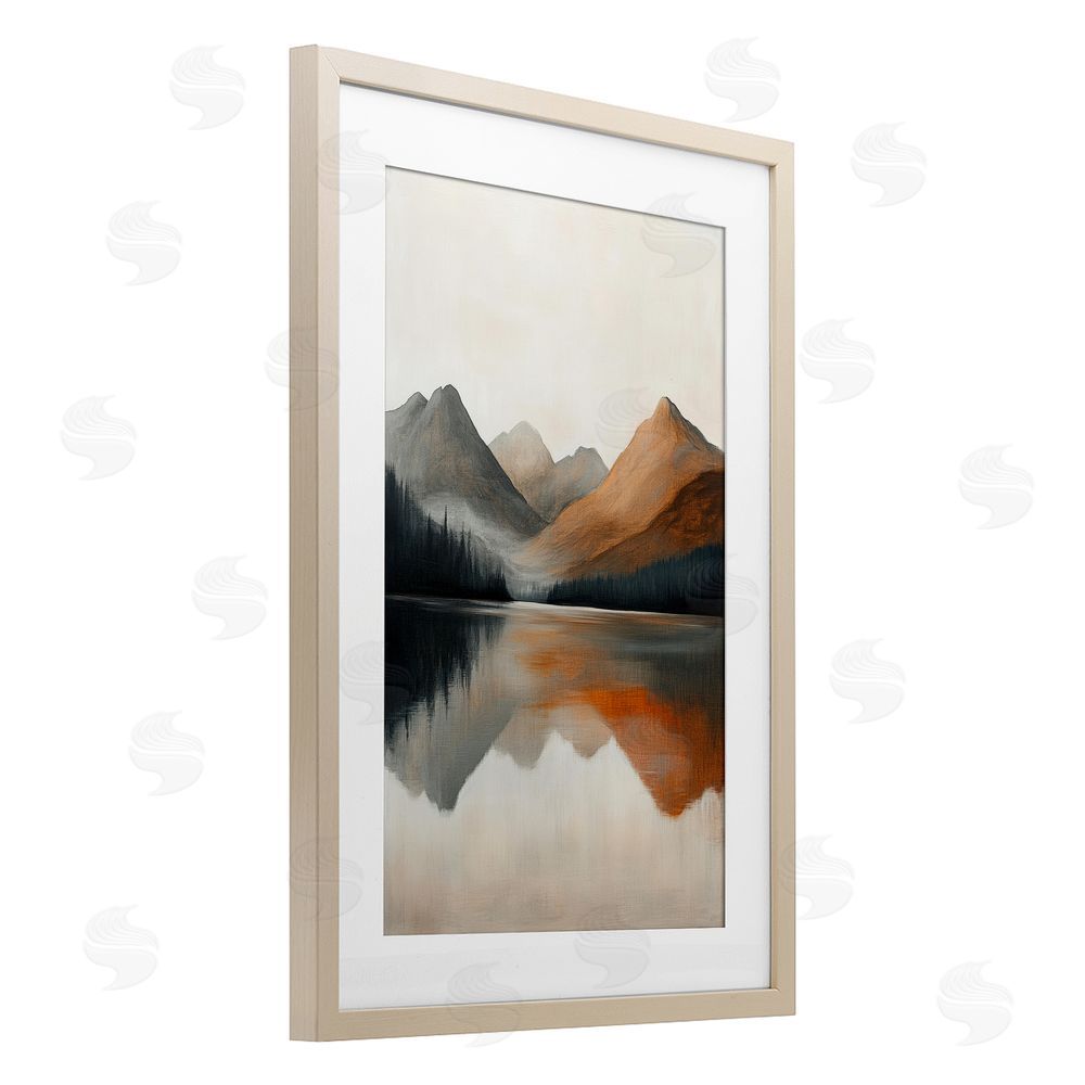 Petal Prints Design Terracotta Reflection Abstract Landscape Birch Framed Print Under Glass with White Mat Wall Art