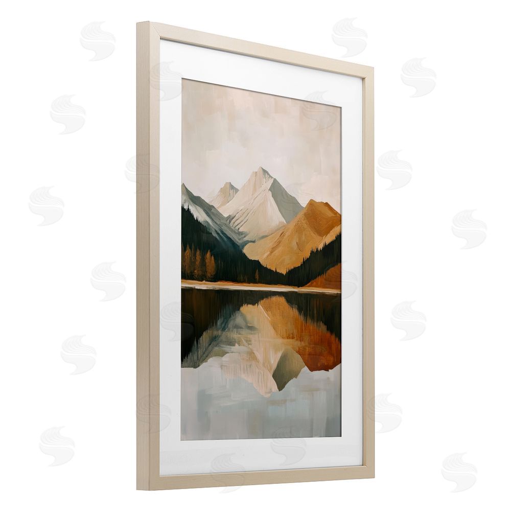 Petal Prints Design Terracotta Reflection Abstract Mountains Birch Framed Print Under Glass with White Mat Wall Art