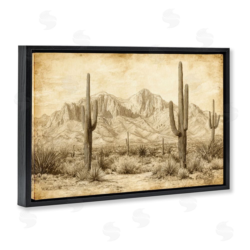 Petal Prints Design The Desert Sepia Landscape Black Floating Frame Canvas Wall Art Print