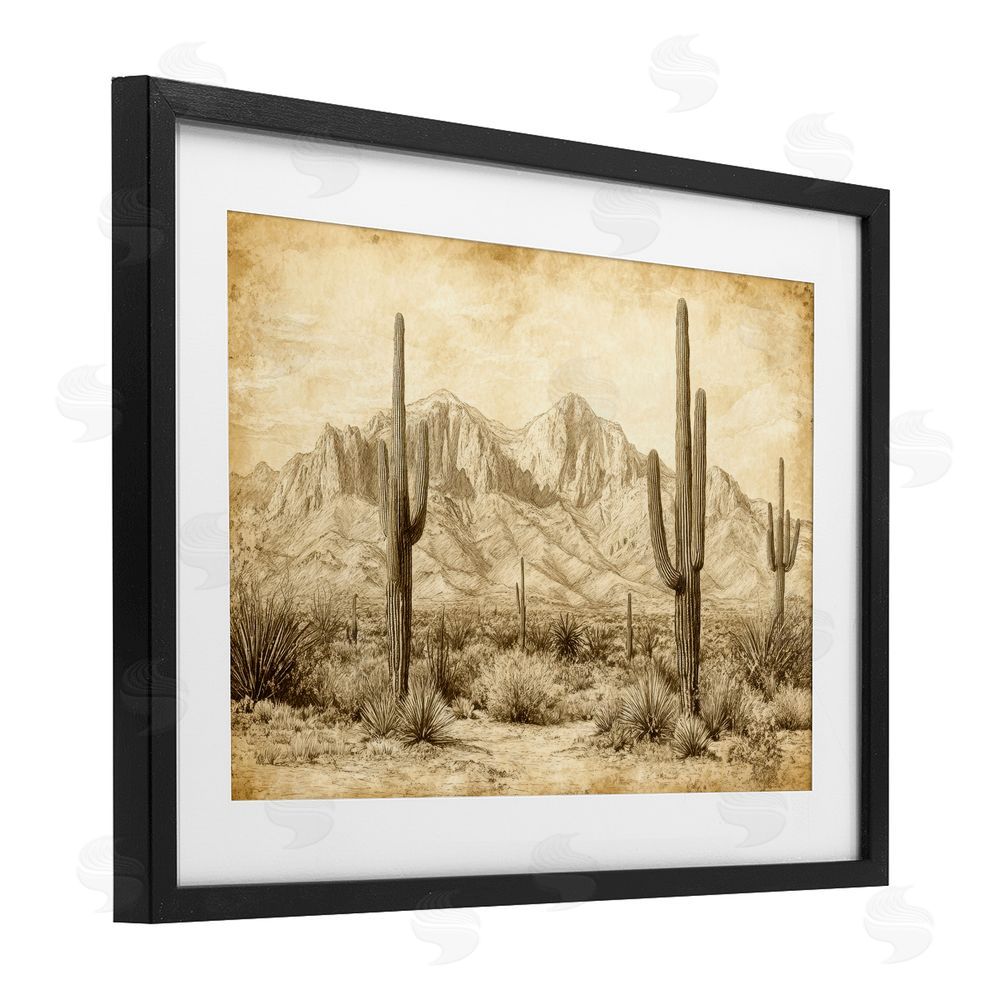 Petal Prints Design The Desert Sepia Landscape Black Framed Print Under Glass with White Mat Wall Art